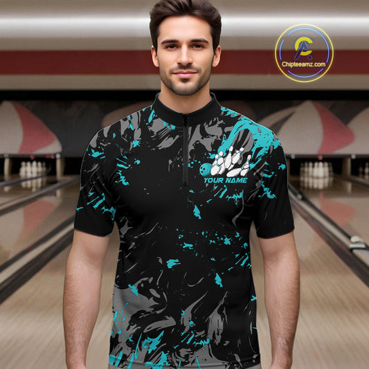 Custom Black And Turquoise Blue Splatter Camo Bowling Team Quarter-Zip Shirts For Men IPHW10799