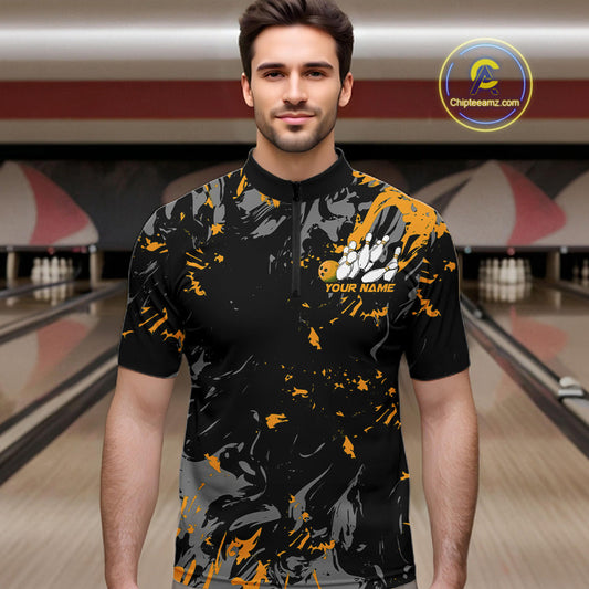 Custom Black And Yellow Splatter Camo Bowling Team Quarter-Zip Shirts For Men IPHW10800