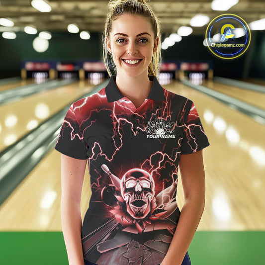 Custom Red Thunder Lightning Skull Bowling Polo Team Shirts For Women, Halloween Outfit IPHW9498
