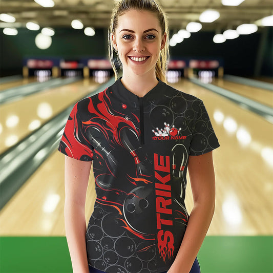 Custom Black And Red Flame Strike Bowling Team Womens Quarter-Zip Shirt, Bowling Jerseys IPHW8610