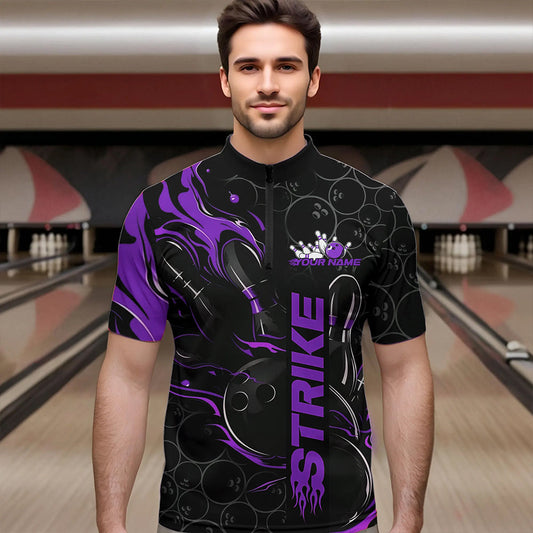 Custom Black And Purple Flame Strike Bowling Team Quarter-Zip Shirts For Men, Strike Bowling Jerseys IPHW8612