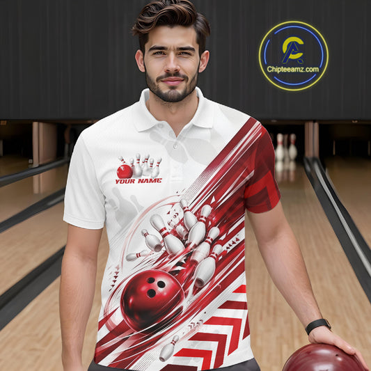 A man wearing a white and red bowling-themed short-sleeve polo shirt with a graphic print of bowling pins and balls, standing in a bowling alley holding a bowling ball.