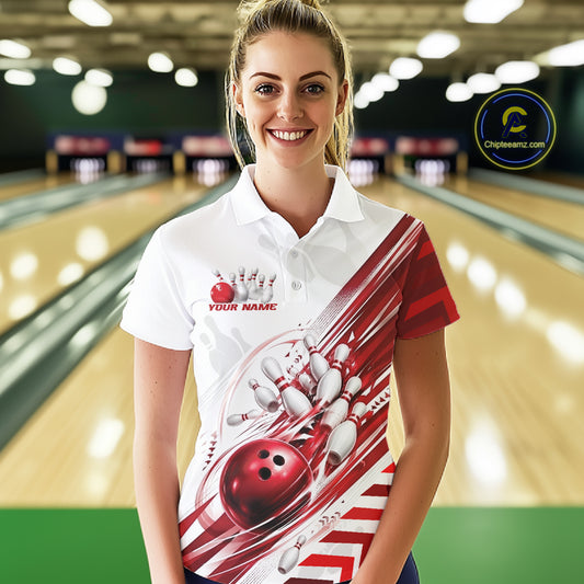 A woman wearing a custom bowling-themed short-sleeve polo shirt with a red and white graphic design featuring bowling pins, balls, and stripes, set against a blurred bowling alley background.
