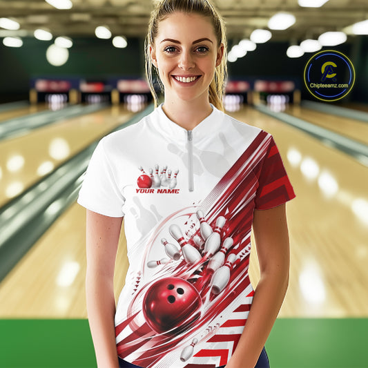 Custom White And Red Motion Speed Bowling Team Women Quarter-Zip Shirt, Bowling Jerseys IPHW11646