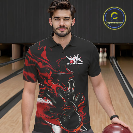 Custom Black And Red Camo Flame Bowling Team Polo Shirts For Men, Bowling Jerseys IPHW9877