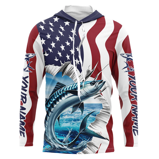 Custom American Flag King Mackerel Long Sleeve Fishing Shirts, Patriotic Kingfish Fishing Jerseys IPHW6608