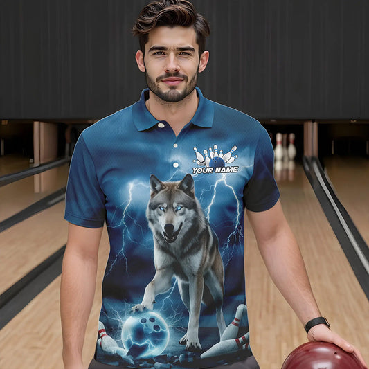 Blue Thunder Lightning Custom Wolf Bowling Polo Shirts For Men, Wolf Bowling Team Shirt IPHW8424
