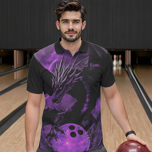 Black And Purple Custom Dragon Bowling Polo Shirts For Men, Dragon Bowling League Shirt IPHW8643