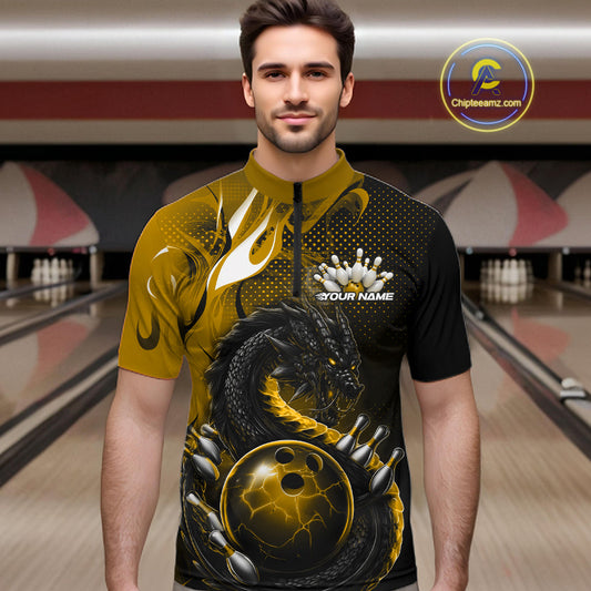 Custom Black And Yellow Dragon Bowling Jerseys, Dragon Bowling Team Men Quarter-Zip Shirt IPHW10270