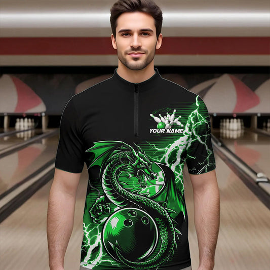 Custom Black And Green Thunder Lightning Dragon Bowling Quarter-Zip Shirts For Men, Bowlers Outfits IPHW8665