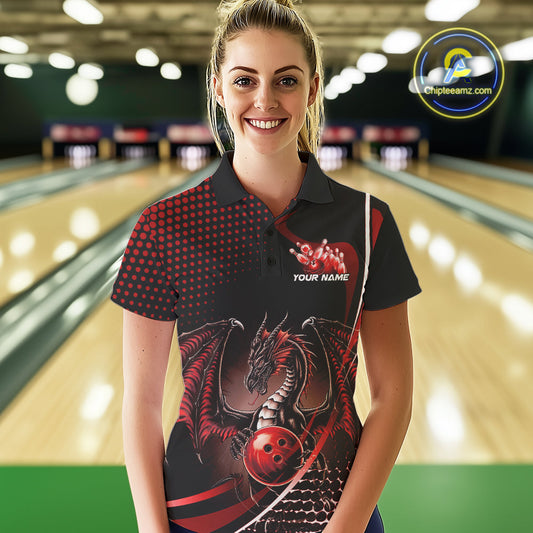 Custom Blue Dragon Bowling Jerseys, Mystical Bowling Team Uniform Polo Shirts For Women IPHW9537