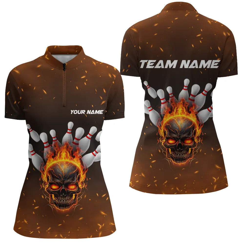 Flame Skull Custom Bowling Shirts For Women, Skull Team Bowling Jersey Bowling Team Shirt IPHW5143