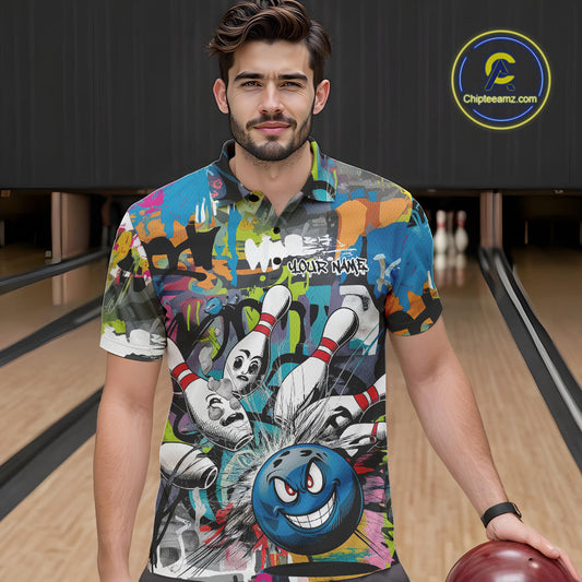 Custom Funny Graffity Bowling Polo Shirts For Men, Bowling Team Shirt IPHW9381