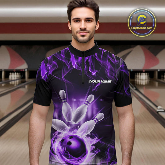 Custom Black And Purple Flame Bowling Team Quarter-Zip Shirts For Men, Fire Bowling League Shirt IPHW9387