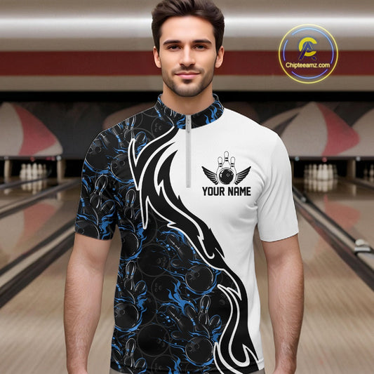 Custom Black And Blue Flame Bowling Team Shirts, Bowling League Shirt Men Bowling Jersey IPHW10545