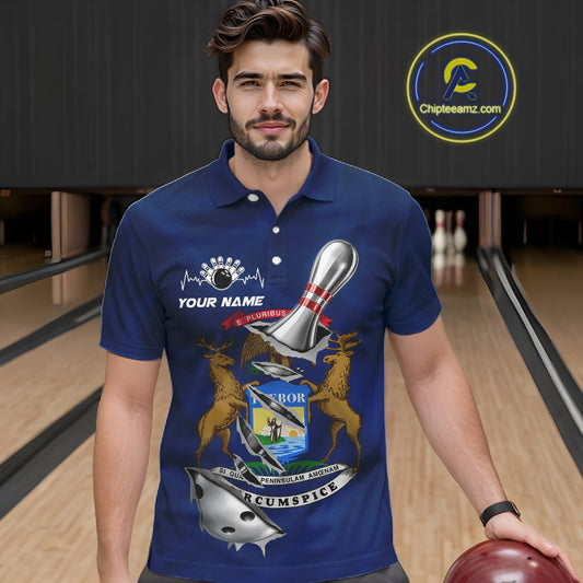 Custom Michigan State Flag Silver Bowling Ball And Pin Patriotic Bowling Shirts For Men IPHW10589
