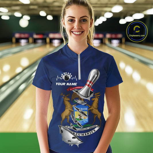 Custom Michigan State Flag Silver Bowling Ball And Pin Patriotic Bowling Shirt For Women IPHW10589