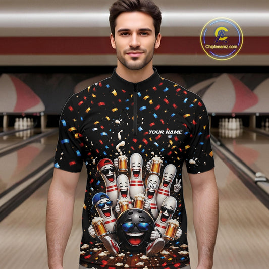 Front view of a male model wearing a bowling quarter zip shirt featuring funny cartoon bowling balls and animated pins raising frothy beer mugs beneath falling confetti in a bowling lane.