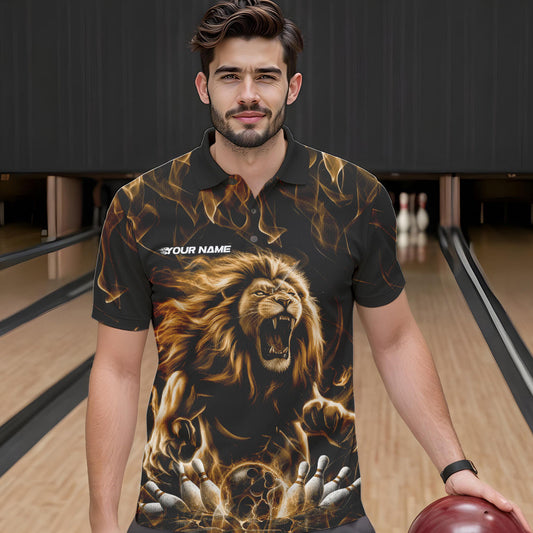 Custom Black And Yellow Flame Lion Bowling Men Polo Shirts, Lion Bowling Team Uniform IPHW8984