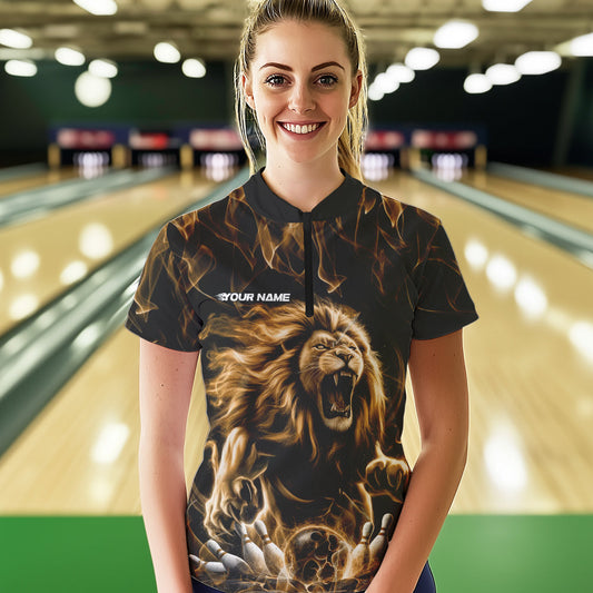 Custom Black And Yellow Flame Lion Bowling Women Quarter-Zip Shirts, Lion Team Uniform IPHW8984