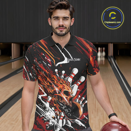 Custom Flame Skull Bowling Team Men Polo Shirts, Fire Halloween Bowler Outfit Uniform IPHW9583