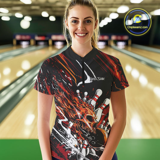 Custom Flame Skull Bowling Women Quarter-Zip Shirts, Fire Halloween Bowler Outfit Uniform IPHW9583