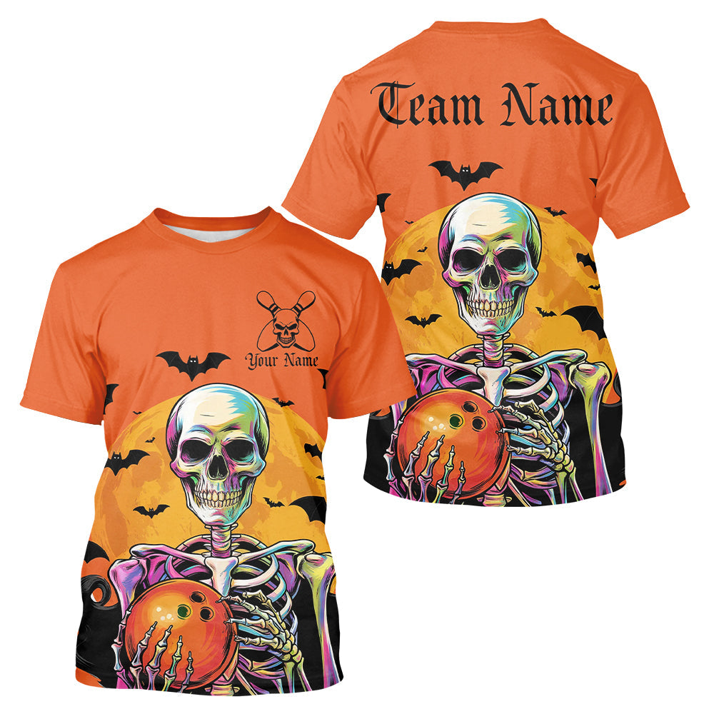 Custom Funny Orange Halloween Bowling T-Shirts For Men, Skull Bowling Team IPHW7598