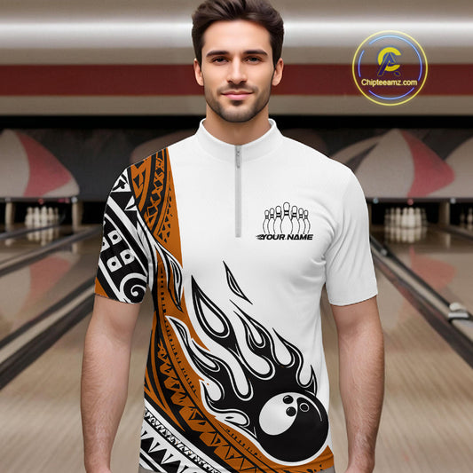 Custom Orange Tribal Polynesian Pattern Men Bowling Shirt, Maori Style Bowling Outfit IPHW10329