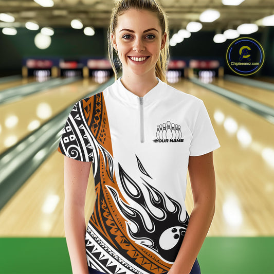 Custom Orange Tribal Polynesian Pattern Women Bowling Shirt, Maori Style Bowling Outfit IPHW10329