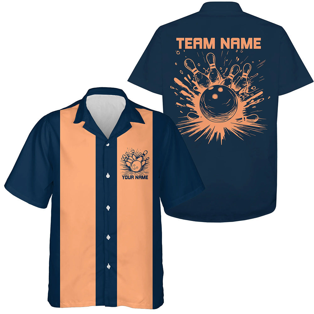 Custom Blue And Peach Striking Bowling Polo Shirts For Men And Women, Classic Vintage Bowling Shirts IPHW8286