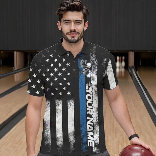 Custom Blue Thin Line American Flag Eagle Bowling Men Polo Shirts, Patriotic US Bowling Shirt IPHW8738