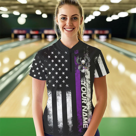Custom Purple Line American Flag Eagle Bowling Women Quarter-Zip Shirt, Patriotic Bowling IPHW8739