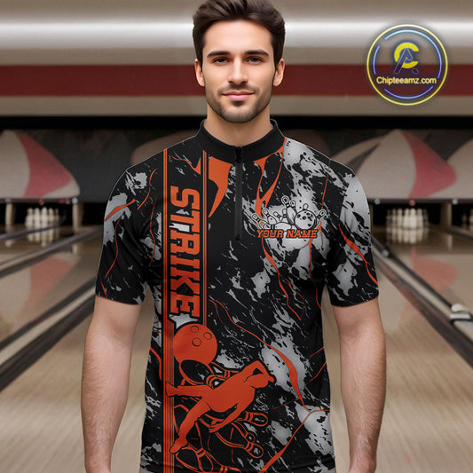 Custom Orange And Gray Camo Strike Bowling Quarter-Zip Team Shirts For Men, Strike Bowling Jersey IPHW9244