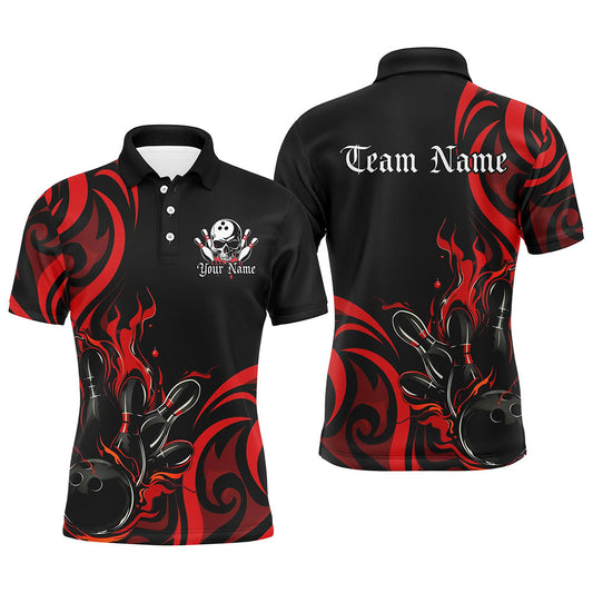 Custom Black And Red Flame Bowling Shirts For Men, Bowling League Shirts Team Jerseys IPHW7322