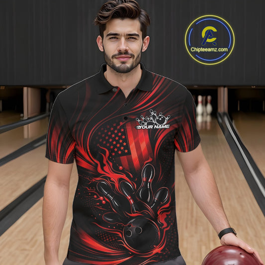 Male model wearing a black and red bowling polo shirt at a bowling lane with fiery bowling strike artwork and patriotic accents.