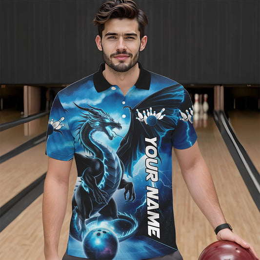 Custom Blue Thunder Lightning Dragon Bowling Polo Shirts For Men, Dragon Bowling Uniform IPHW8302