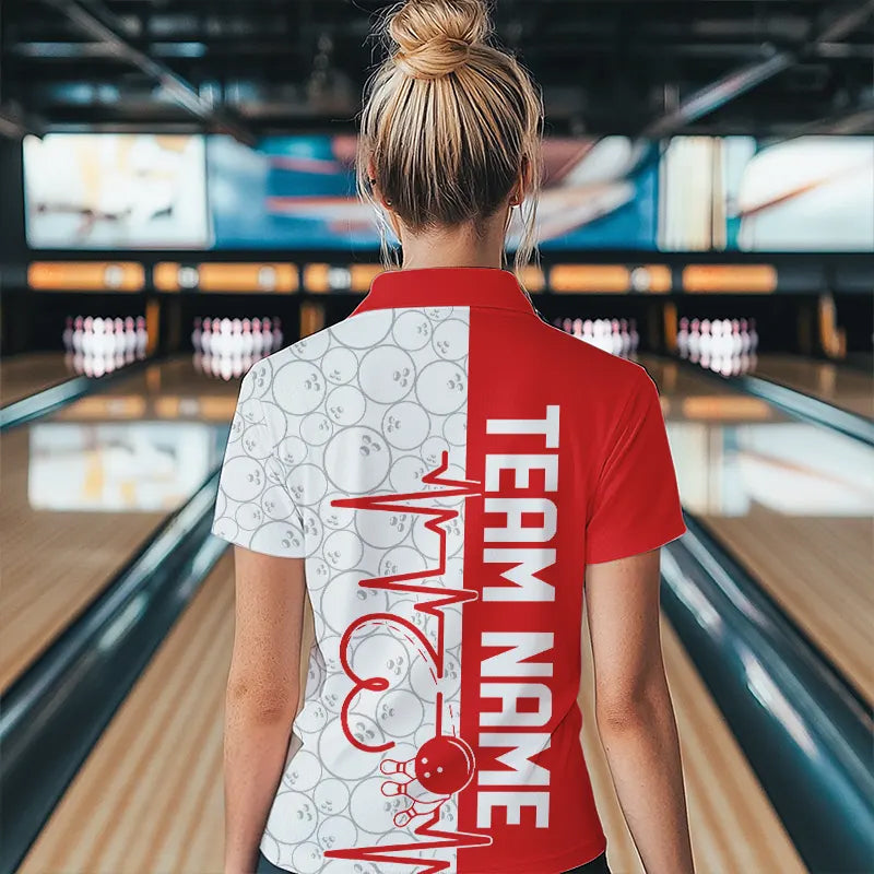White And Red Custom Love Bowling Womens Quarter-Zip Shirt, Valentine Couple Bowling Jersey IPHW8324