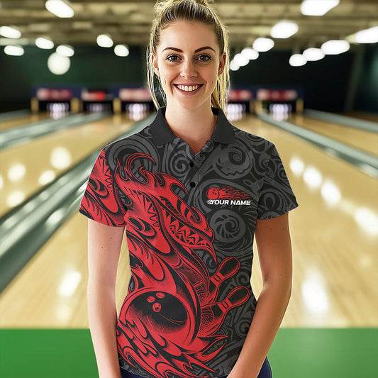 Custom Black And Red Tribal Polynesian Bowling Team Women Polo Shirts, Niho Mano Bowling IPHW8811