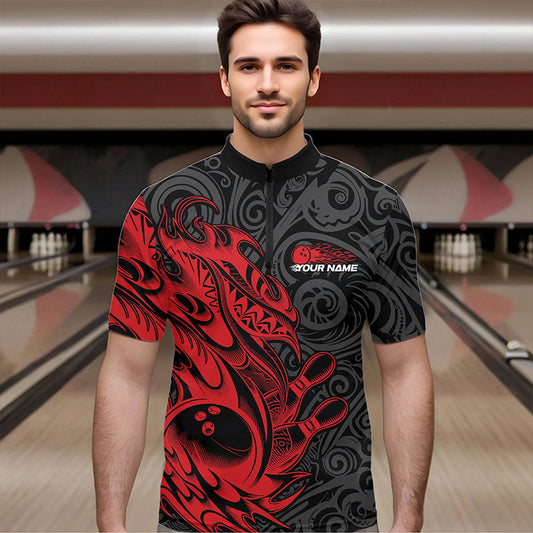 Custom Black And Red Tribal Polynesian Bowling Team Men Quarter-Zip Shirts, Niho Mano Bowling Shirt IPHW8811