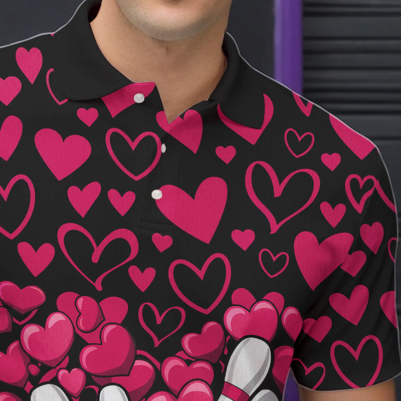 Black And Pink Heart Theme Custom Valentines Bowling Polo Shirt For Men, Couple Bowling Shirt IPHW8337