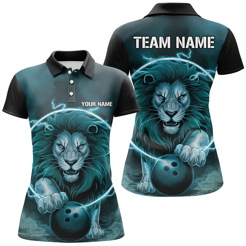 Custom Lion Bowling Polo Shirts For Women, Ladies Bowling Shirts Bowling Uniform | Blue IPHW6774