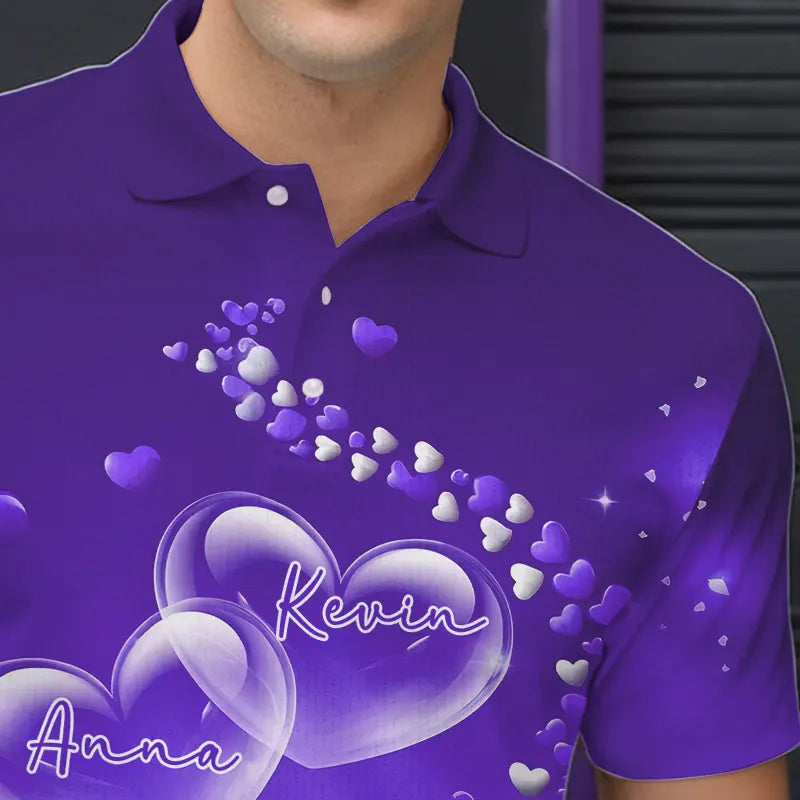 Purple Heart Theme Custom Valentines Bowling Polo Shirts For Men, Couple Bowling Shirt IPHW8346