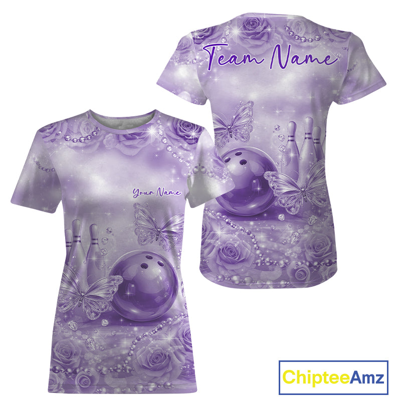 Custom Elegant Purple Roses And Butterfly Women Bowling T-Shirts, Ladies Outfit IPHW10938