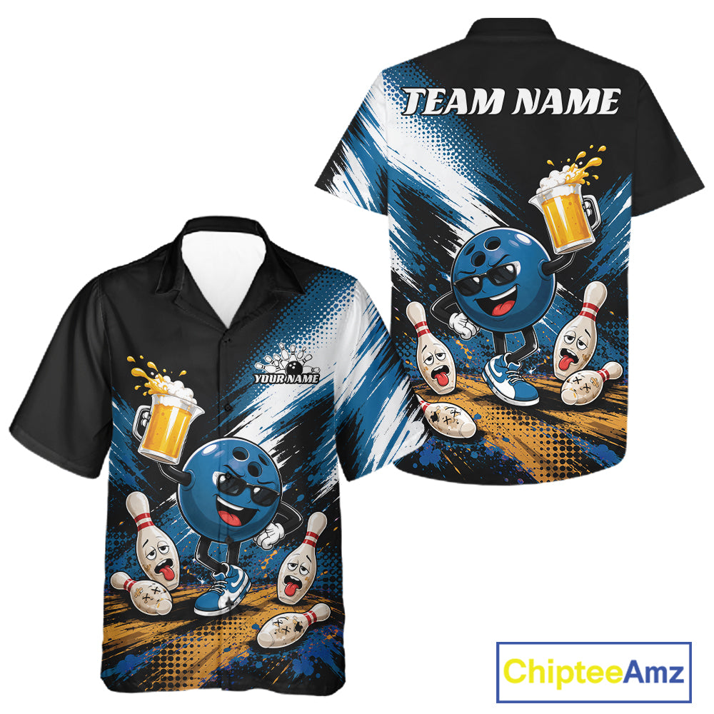Custom bowling-themed short-sleeve button-up shirts shown from the front and back on a white background. The shirts feature a blue cartoon bowling ball character holding a beer mug, bowling pins, and a blue and black abstract background.