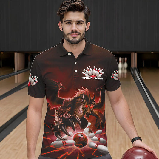 Custom Black And Red Dragon Bowling Team Polo Shirts For Men, Dragon Bowling League Shirt IPHW8549