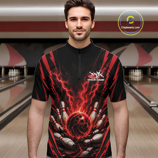 A man wearing a black short-sleeve zip-front jersey with a red and black bowling-themed graphic print, standing in a bowling alley. The jersey features a cracked bowling ball, bowling pins, and red lightning bolts, with a customizable text area.