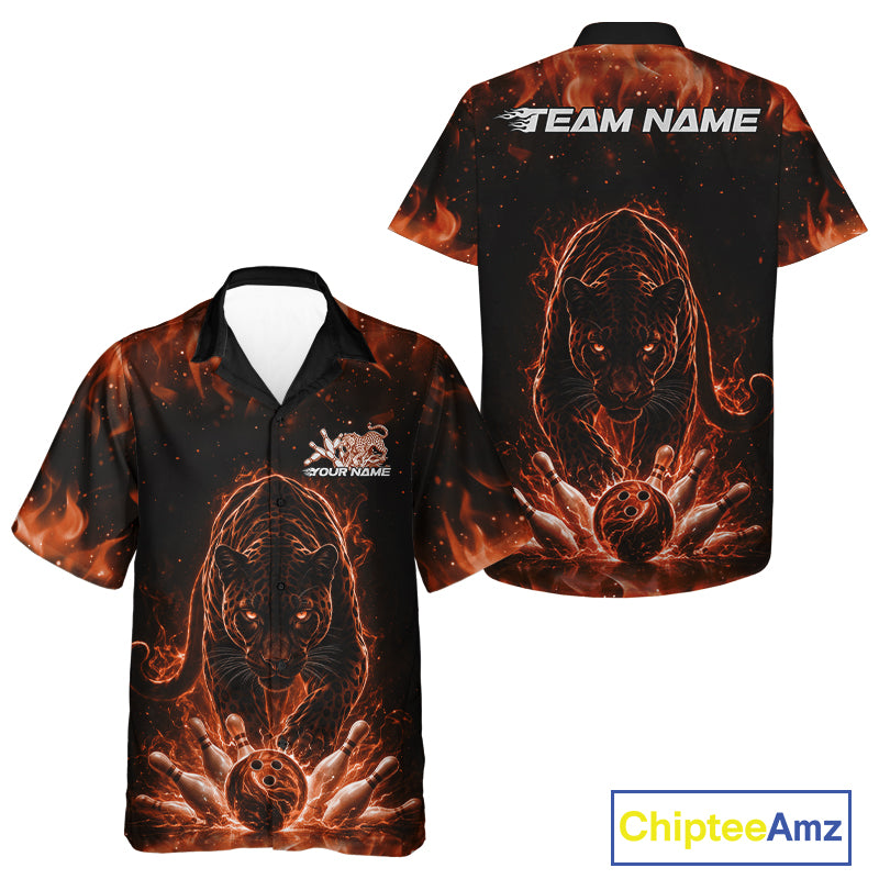 Front and back view of a black button-up bowling shirt mockup featuring a glowing electric panther in orange with bowling ball crashing through pins dynamic artwork.