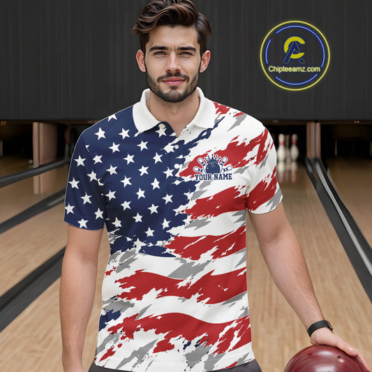 Man wearing a patriotic-themed polo shirt in a bowling alley with 'Chipteamz.com' logo.