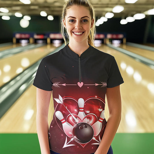 Custom Valentine Bowling Heart Quarter-Zip Shirts For Women, Couple Bowling Outfits IPHW8367