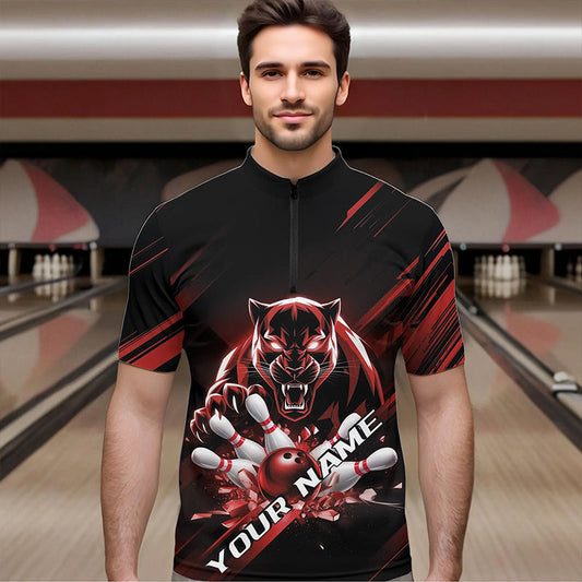 Custom Black And Red Panther Bowling Quarter-Zip Shirts For Men, Bowling Team Uniform IPHW8564